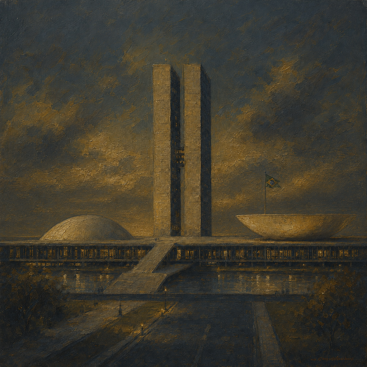 Congresso Nacional do Brasil em pintura noite dourada